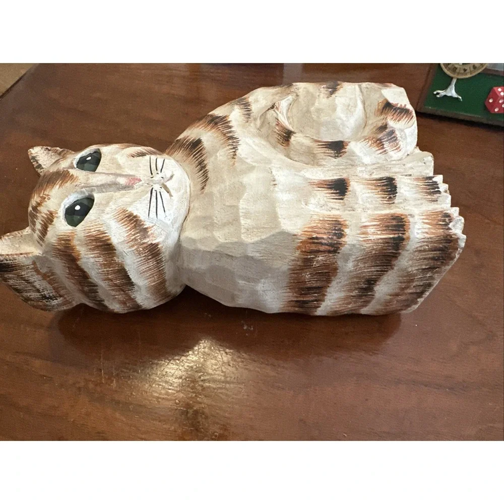 James Haddon Folk Art Wood Carved Striped Cat Figurine Signed